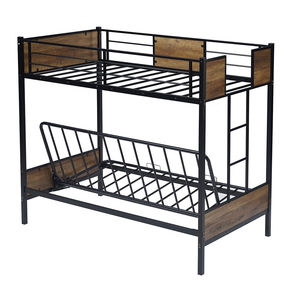 Safety Metal Futon Bunk Bed Frame with Guardrails and Ladder Bed Bath