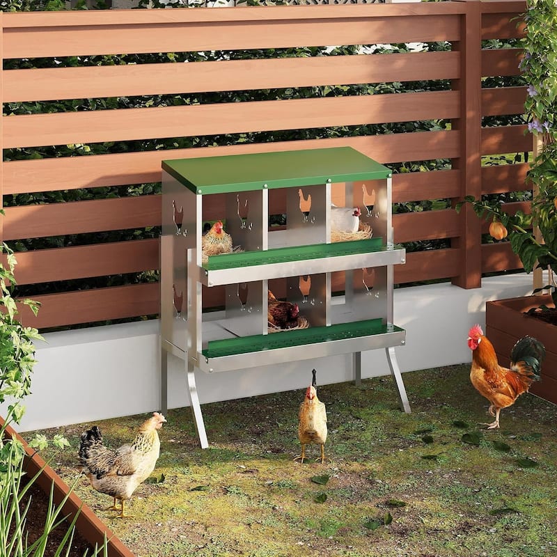Wall-Mount or Free-Standing Metal Chicken Nesting Box for Hens, Green with Legs - Green 6 Compartments