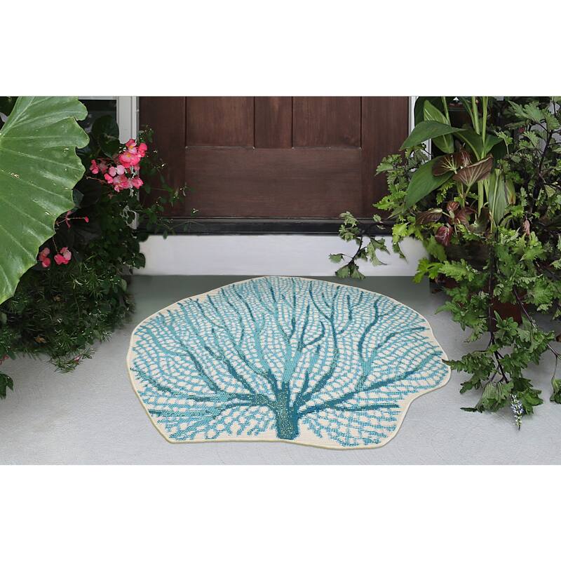 Liora Manne Esencia Coral Fan Indoor/Outdoor Mat Aqua 3'3"x3'3"