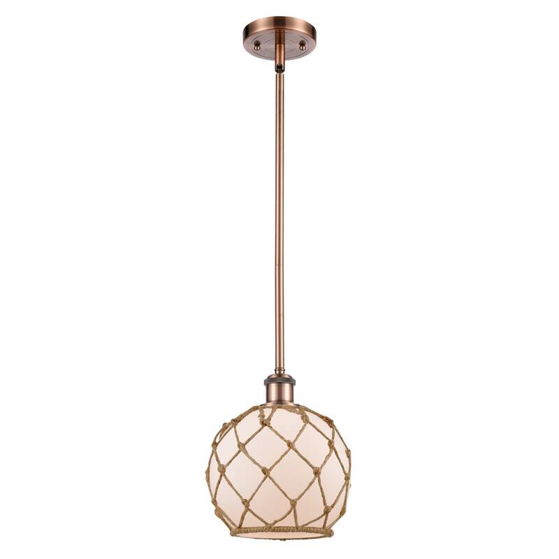 Innovations Lighting Farmhouse Rope 8" Wide Mini Pendant - Antique Copper / White Glass with Brown Rope