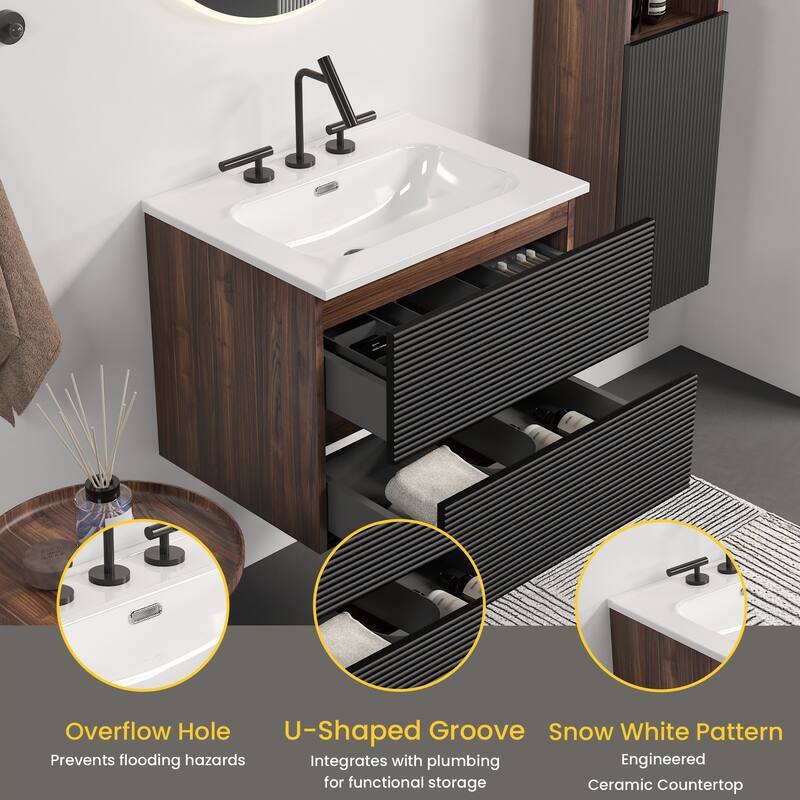 24" Wall-Mounted Bathroom Vanity with Integrated Ceramic Sink & Overflow, Large Storage Floating Vanity
