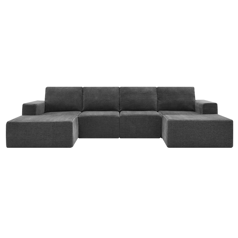 Modular U-Shaped Sectional Sofa with 2 Ottomans, Chenille Cloud Floor Couch, Fully Compressed Upholstered Sofa
