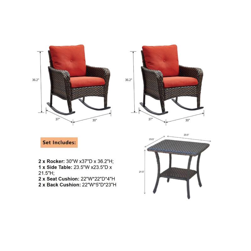 Pocassy 3-Piece Outdoor Wicker Rattan Rocking Set