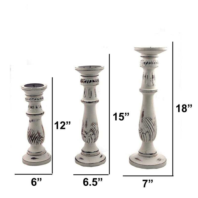 Taki Distressed Mango Wood Pillar Shaped Candle holder, Set of 3, White