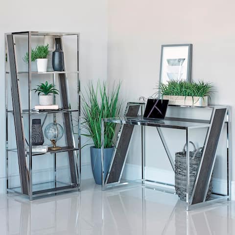 Modern Sleek Design Chrome and Glass Home Office Collection Desk and Bookcase