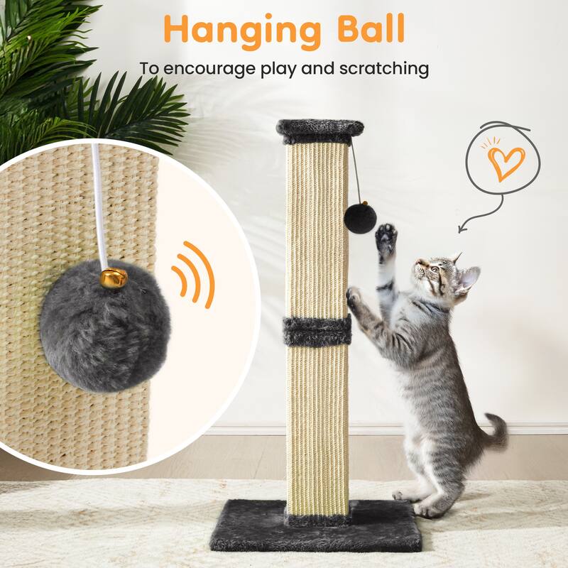 32" Tall Cat Scratching Post with Hanging Ball Toy, Sisal Scratch Post for Large Cats & Kittens
