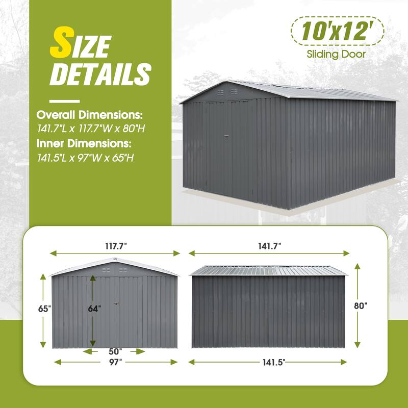 10'x12'Steel Outdoor Storage Shed,Galvanized Steel Metal Garden Shed with Lockable Doors,Heavy-Duty Storage Tool House