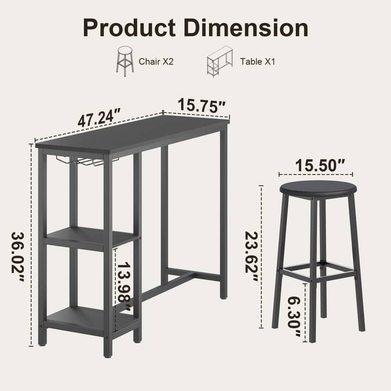 Bar Table Set with 2 Stools for Breakfast Nook, Dining Room, Living Room, Kitchen, Dining Hall