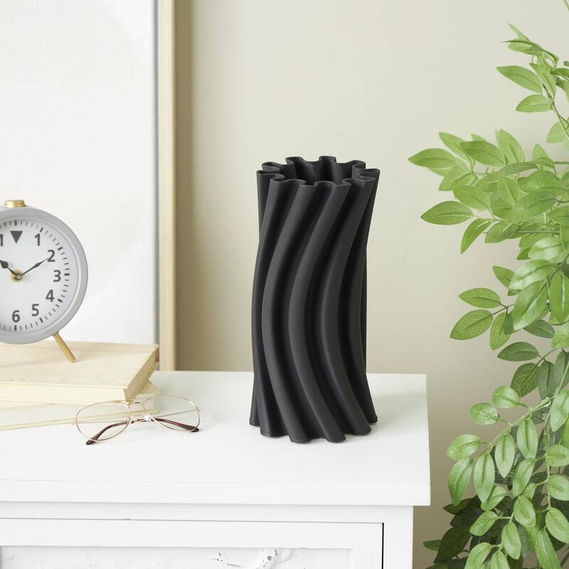Ceramic Abstract Curvy Ribbed Decorative Vase with Floral Shaped Rim - Black - Roche River Decor