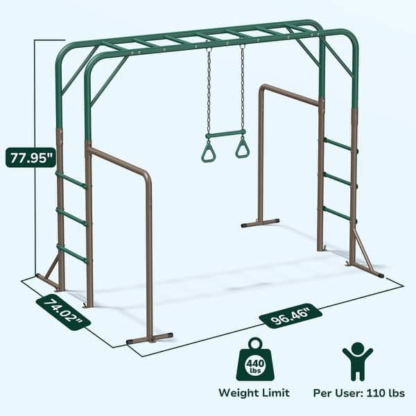 dimension image slide 2 of 3, Hapfan 400lbs 3-in-1 Heavy Duty Metal Monkey Bar Set, Outdoor Playset with Gymnastics Bars & Trapeze Swing for Backyard Outdoor
