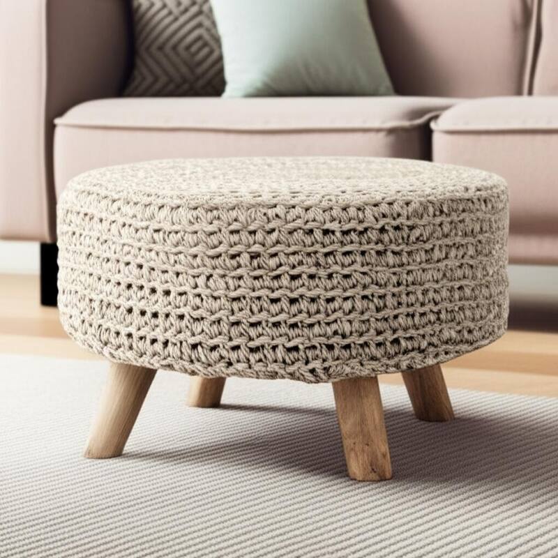 HomeRoots 24" Gray and Brown Wool Round Footstool - Gray - 24.00 in. x 14.00 in. x 24.00 in.