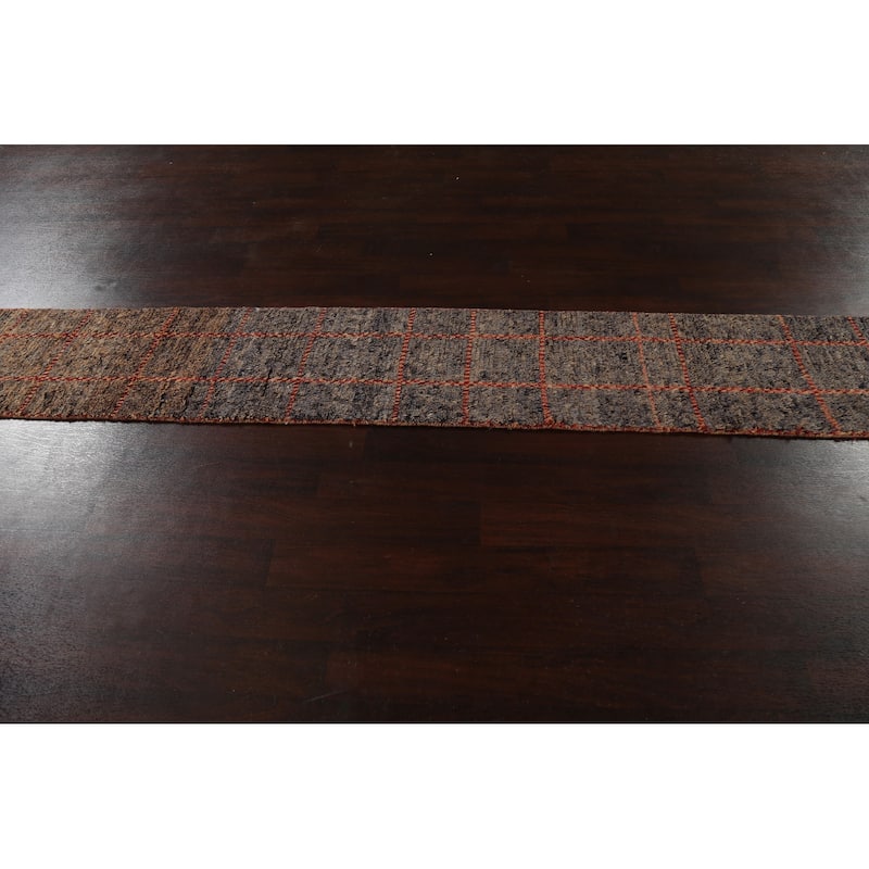 Geometric Checkered Moroccan Oriental Runner Rug Handmade Wool Carpet - 1'10" x 17'3"