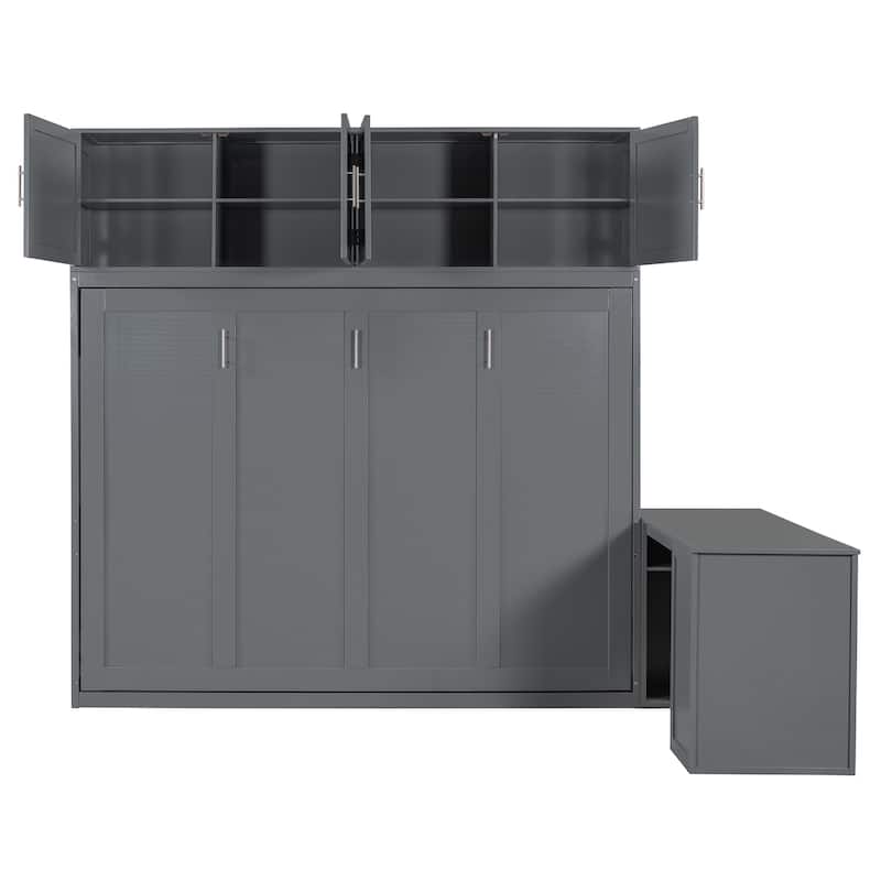 Queen Size Murphy Bed with Storage Shelves and 2 Storage Cabinets, Wooden Foldable Wall Bed Frame with Desk & Hydraulic Lift