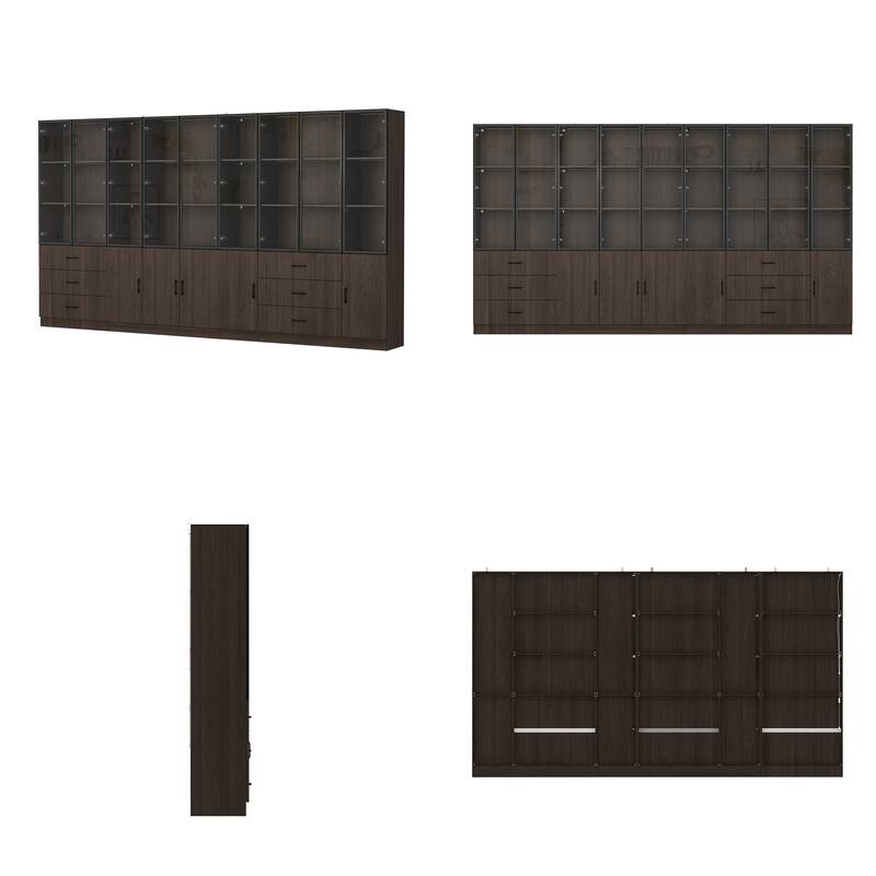 Bookshelves Bookcase Modular Glass Display Cabinet with LED Lights, Dark Wood Storage Combination Cabinet System