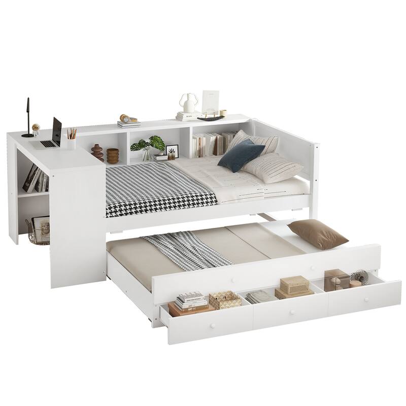 Twin Size Daybed with Trundle, Wood Day Bed Frame with Storage Drawers and Side Shelves, Daybed with Desk, No Spring Box Needed