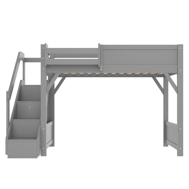 Twin Size Loft Bed with Built-in Wardrobe and Storage Space, Solid Wood Loft Bed with Beside Shelves