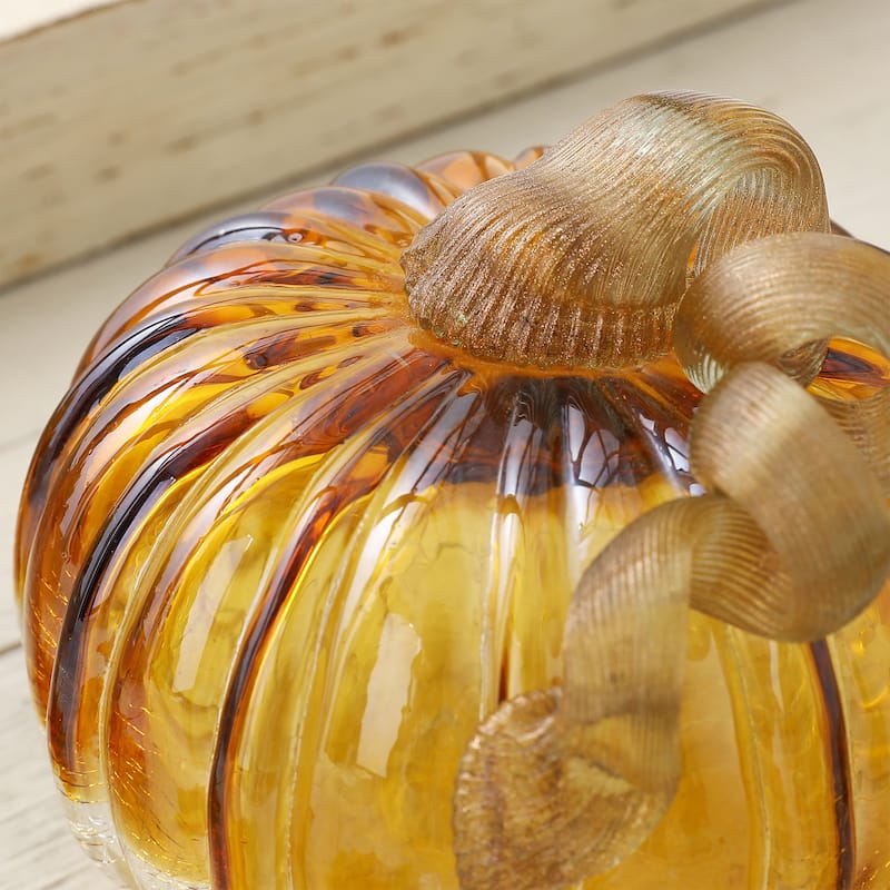 Glitzhome 6"D Green Amber Crackle Hand Blown Glass Pumpkins for Fall Harvest Halloween