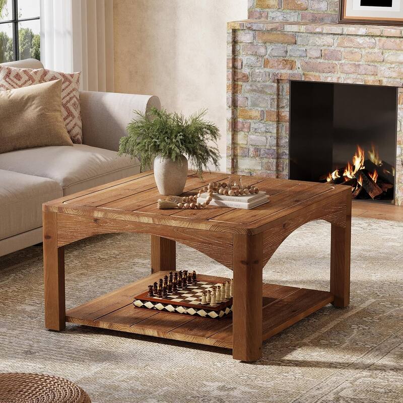 Solid Wood Coffee Table, 31.5-Inch Square Coffee Table for Living Room, 2-Tier Center Table