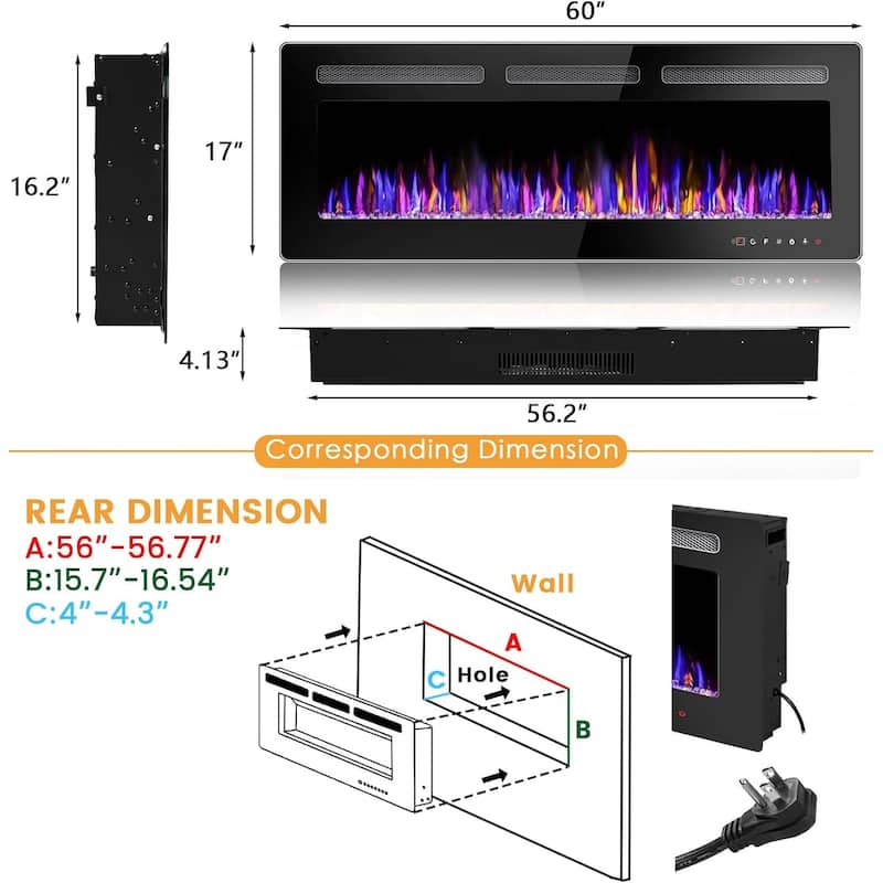 BOSSIN Electric Fireplace Wall Mounted and Recessed with Remote Control, 750/1500W Ultra-Thin Wall Fireplace Heater, Low Noise