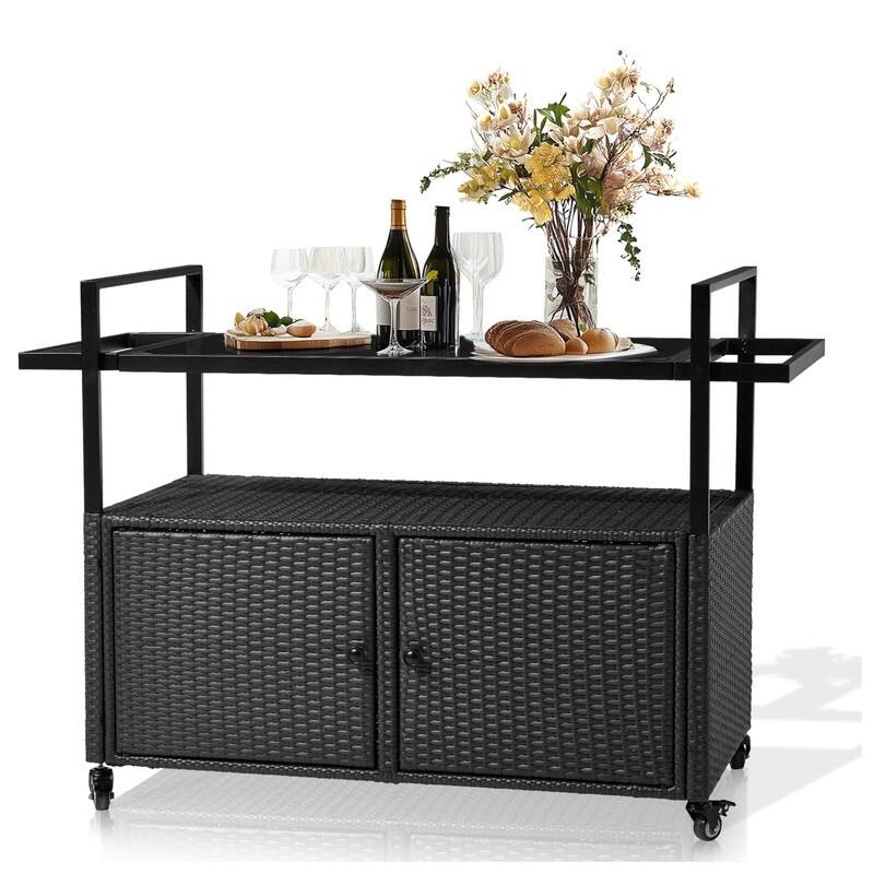 51*20*35.5inch Outdoor Bar Cart Table, Large Wicker Island Rolling Cart, Wheeled Buffet Serving Cart, Black - Black