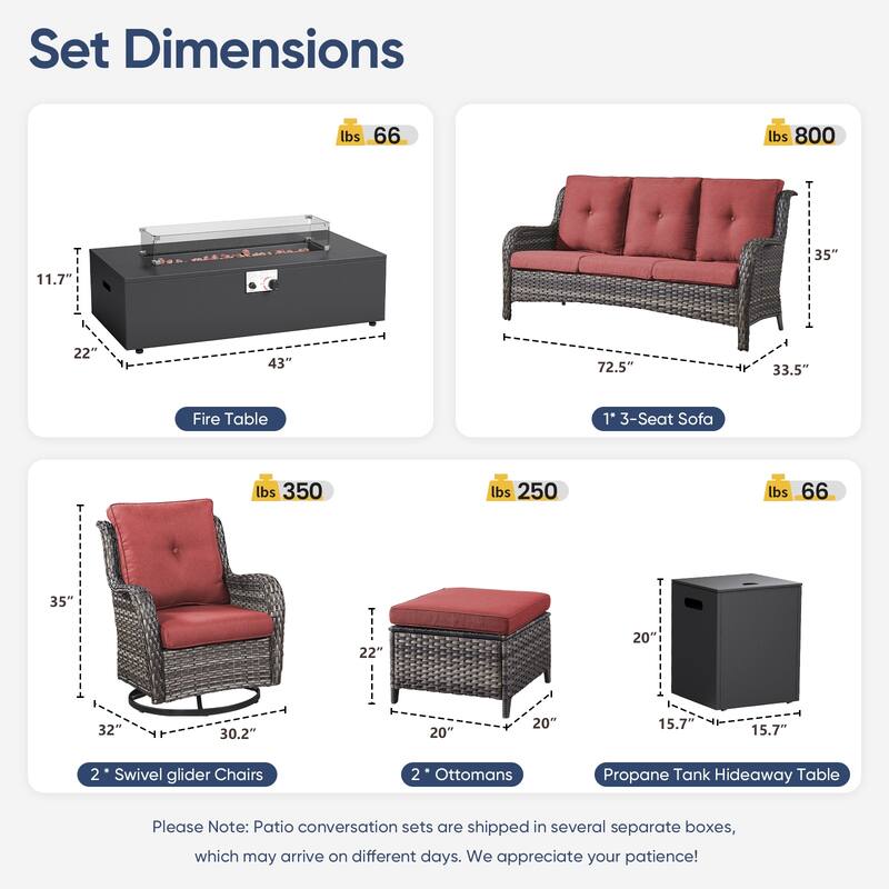 Pocassy Patio 5/7 Piece Sofa Swivel Chair Ottoman with Fire Pit Table