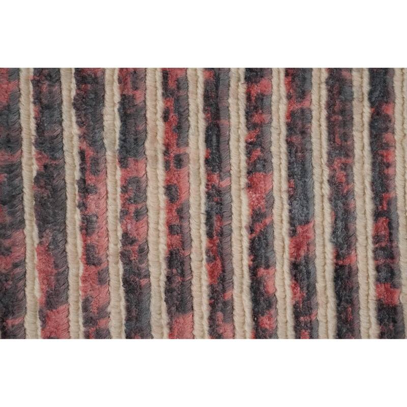 Hand Knotted Oriental Viscose Silk Carpet Modern Stripe Coral Abstract Area Rug - 6' 6'' X 4' 9''