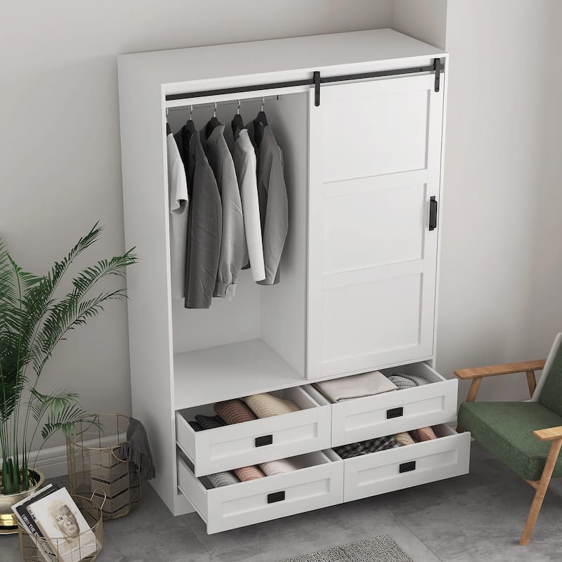 Tall Bedroom Armoire Wardrobe Closet - Clothing Storage Cabinet with Hanging Rod, Barn Doors