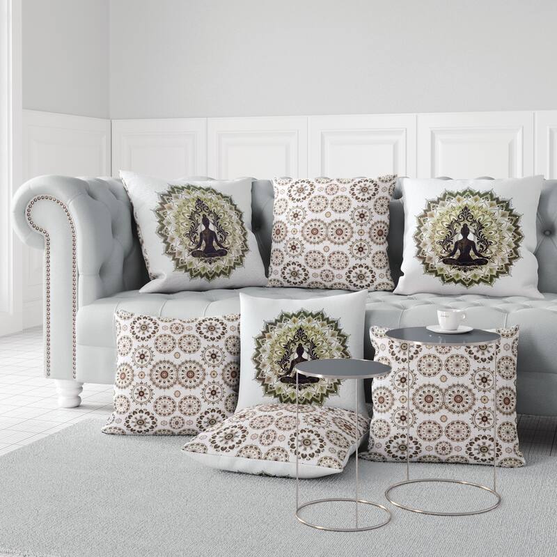 Inner Peace Circle Faux Suede Pillow With Removable Cover in White Olive Black