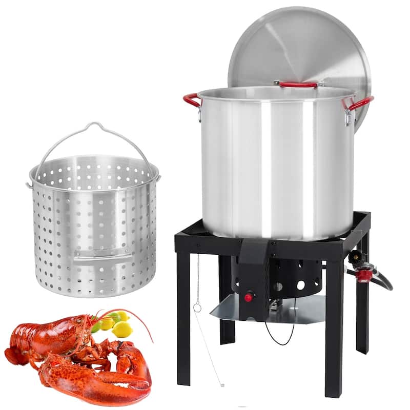 Seafood Boil Pot and Burner Kit, Aluminum Stock Pot with Strainer - 60 QT