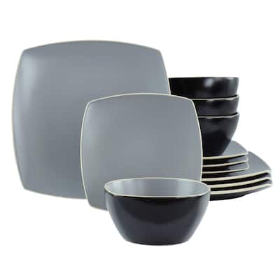 12 Piece Square Stoneware Dinnerware Set in Grey and Black