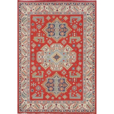 Geometric Kazak Accent Rug Handmade Wool Carpet - 4'2" x 5'9"
