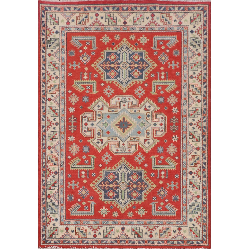 Geometric Kazak Accent Rug Handmade Wool Carpet - 4'2" x 5'9"