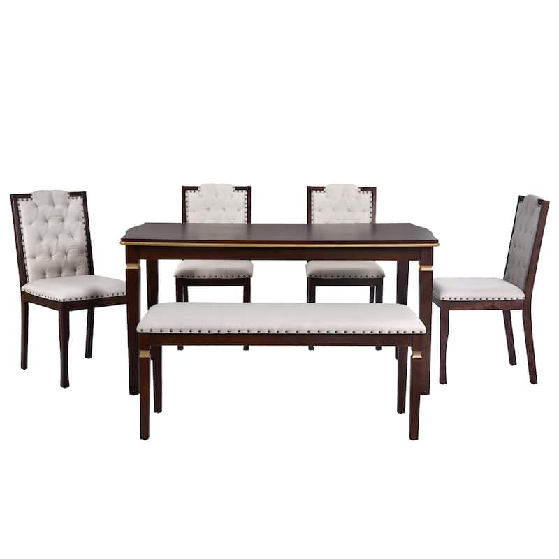 6 Piece Dining Table Set, 60" Solid Wood Rectangular Table with 4 High-Back Tufted Chairs and 1 Bench for Kitchen