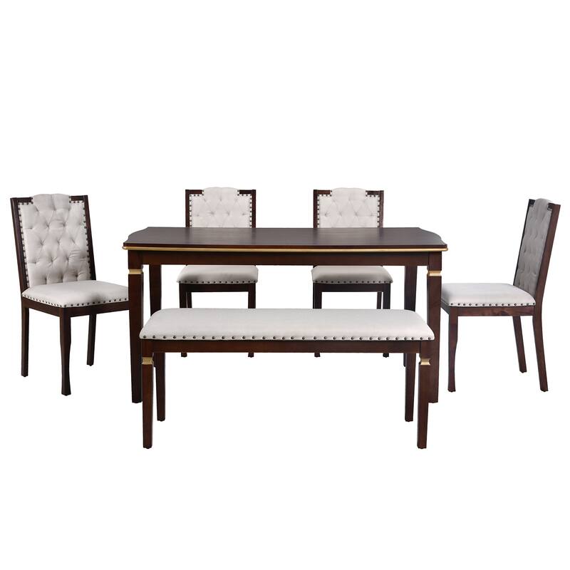 Kitchen Dining Table Set, Dining Room Table Set for 6 with Rectangular Table, Bench and 4 High Back Tufted Chairs