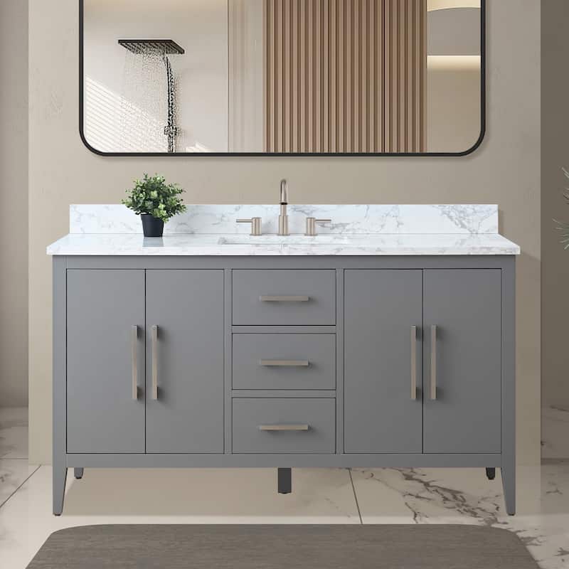 Vanity Art 60" Single Sink Bathroom Vanity Cabinet with Engineered Marble Countertop - 60"/Brushed Nickel Handle - Cashmere Gray