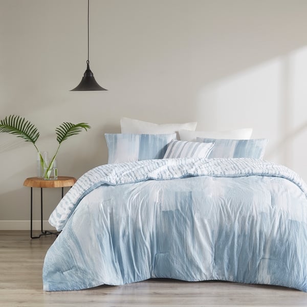 slide 2 of 15, N Natori Brush Stroke Blue 4 Piece Oversized Reversible Seersucker Comforter Set King