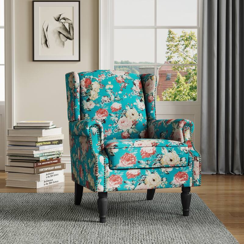 Wingback Accent Chair Nailhead Trim Living Room Reading Chair - Peacock Blue