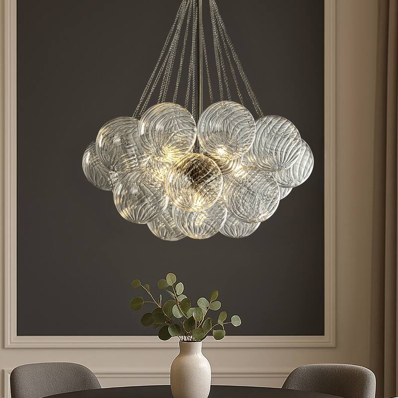 27'' Modern Glam Cluster Chandelier 6 Lights Pendant with Hand Blown Textured Glass Globes And Chrome Finish for Dining Room