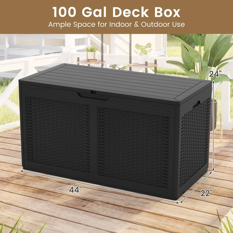 100 Gallon Outdoor Lockable Lid Deck Box with Wheels and Bench Seating for Patio Storage or Backyard Use