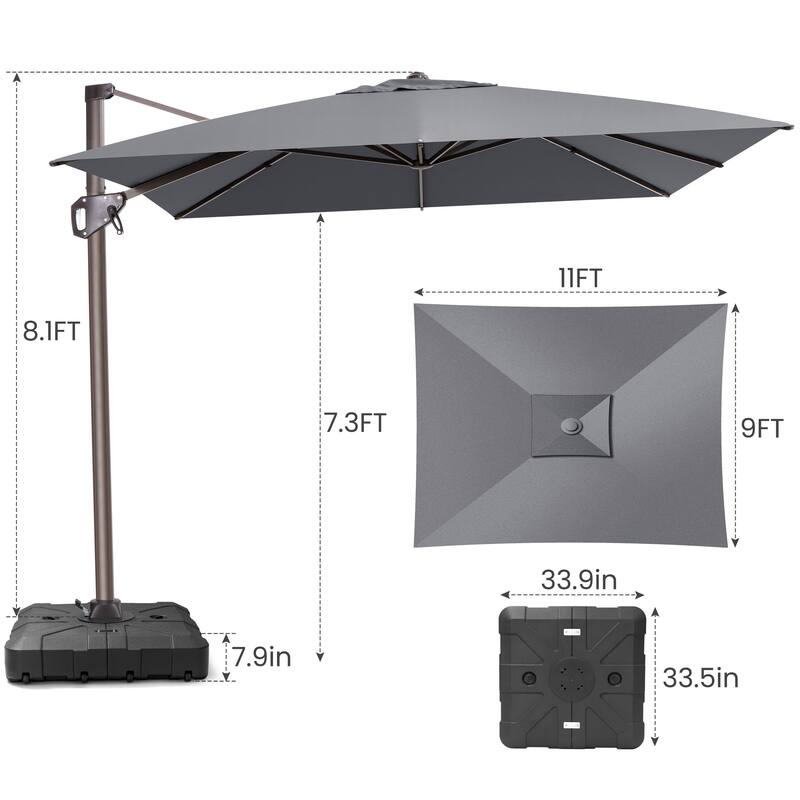 Outdoor 11 x 9 FT Patio 360 Degree Rotation Cantilever Umbrella with Base