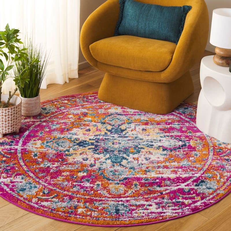 SAFAVIEH, Madison Jovita Vintage Boho Oriental Medallion Rug - 8' Round - Fuchsia/Gold