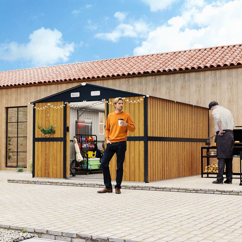 10X12 FT Outdoor Steel Storage Shed with Lockable Doors, 2 Windows, Garden Shed Ideal for Backyard, Patio Storage