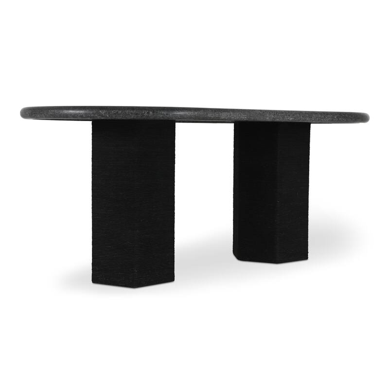 NADAAL STUDIOS Norex Sartoria Dining Table for 6, Oval Black Granite Top, Jute-Wrapped Mango Wood Base, Black Granite
