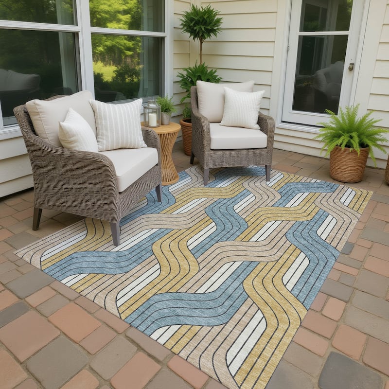 Machine Washable Indoor/ Outdoor Modern Pathway Chantille Rug - Gold - 9' x 12'