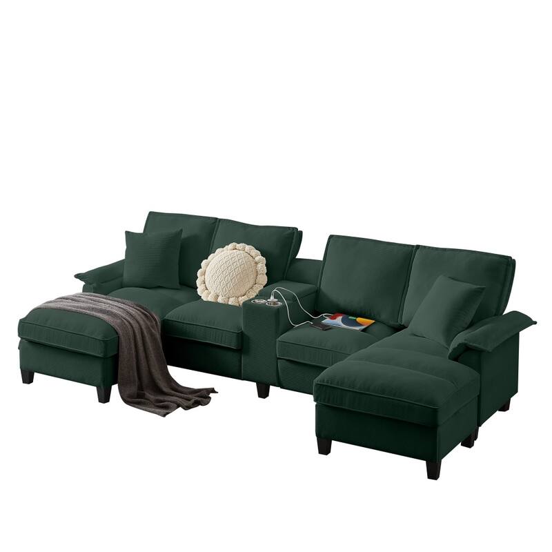 121.2" Modular Corduroy Sectional Sofa with Storage Console and Chaise Footrests