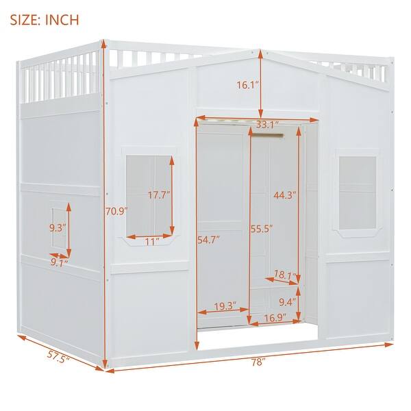 dimension image slide 1 of 2, Full Size Loft Bed with Wardrobe, Space-Saving Wood House Bed Frame w/Safety Guard & Ladder for Boys, Girls, Small Bedroom,White