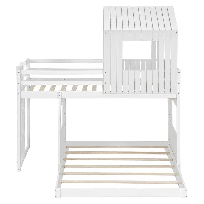 Wooden Twin Over Full Bunk Bed, Loft Bed with Playhouse, Ladder and Guardrails