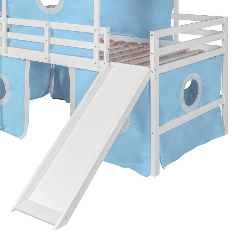 Twin/Full Size Wooden Playhouse Loft Bed with Tent and Tower, Solid Pinewood Low Loftbed Frame with Slide and Ladder