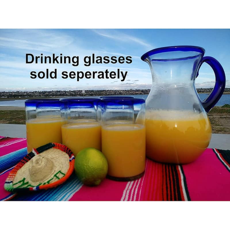 Dos Suenos Mexican Hand Blown Glass Pitcher - Cobalt Blue Rim and Handle (84 oz)