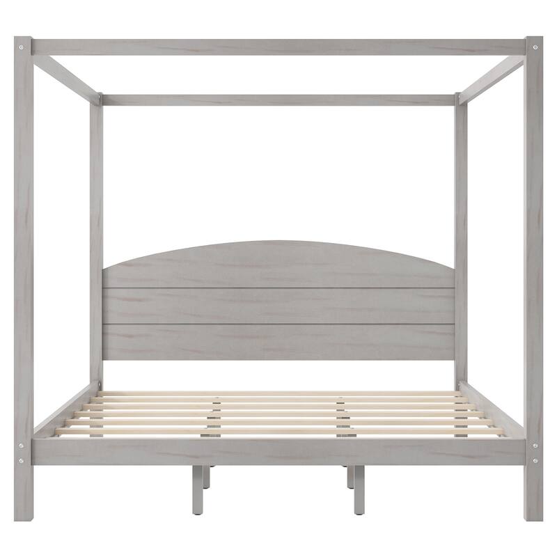 Grey Wash King Size Canopy Platform Bed with Headboard and Support Legs